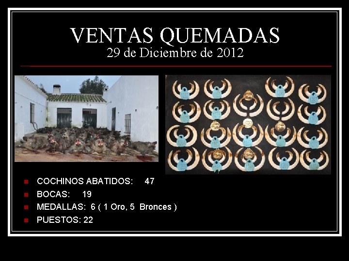 VENTAS QUEMADAS 29 de Diciembre de 2012 n n COCHINOS ABATIDOS: 47 BOCAS: 19