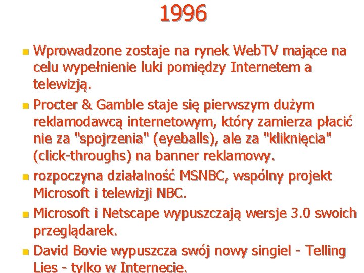 1996 Wprowadzone zostaje na rynek Web. TV mające na celu wypełnienie luki pomiędzy Internetem 1996 Wprowadzone zostaje na rynek Web. TV mające na celu wypełnienie luki pomiędzy Internetem