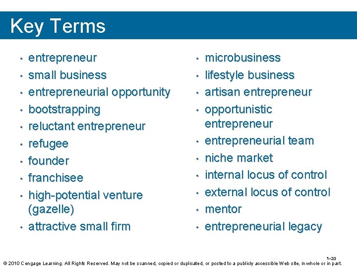 Key Terms • • • entrepreneur small business entrepreneurial opportunity bootstrapping reluctant entrepreneur refugee