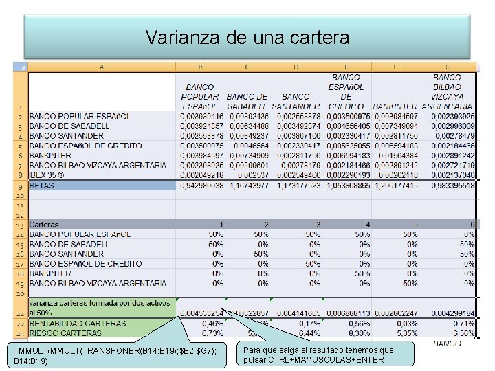 Varianza de una cartera =MMULT(TRANSPONER(B 14: B 19); $B 2: $G 7); B 14: