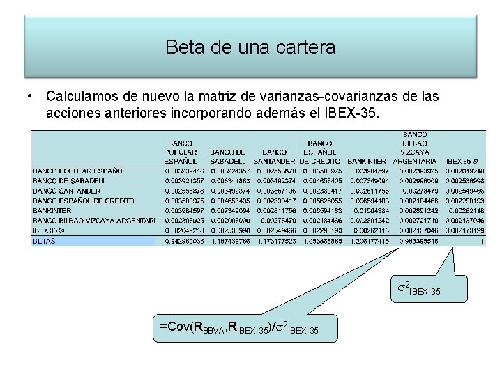 Beta de una cartera • Calculamos de nuevo la matriz de varianzas-covarianzas de las