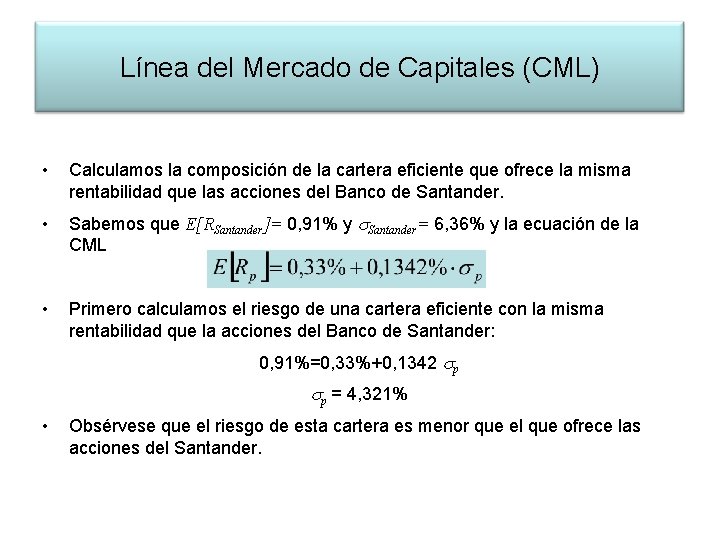 Línea del Mercado de Capitales (CML) • Calculamos la composición de la cartera eficiente