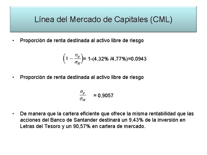 Línea del Mercado de Capitales (CML) • Proporción de renta destinada al activo libre