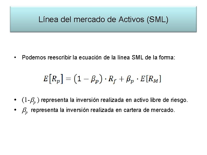 Línea del mercado de Activos (SML) • Podemos reescribir la ecuación de la línea