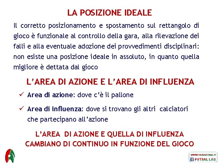 LA POSIZIONE IDEALE Il corretto posizionamento e spostamento sul rettangolo di gioco è funzionale