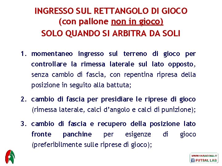 INGRESSO SUL RETTANGOLO DI GIOCO (con pallone non in gioco) SOLO QUANDO SI ARBITRA