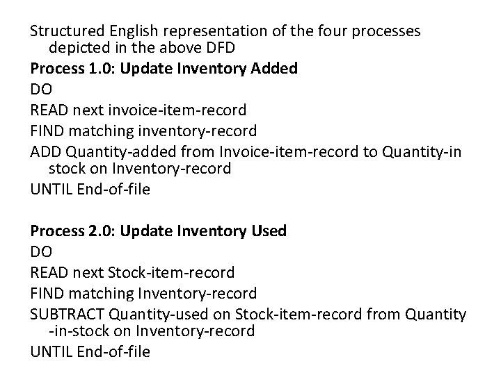 Structured English representation of the four processes depicted in the above DFD Process 1.