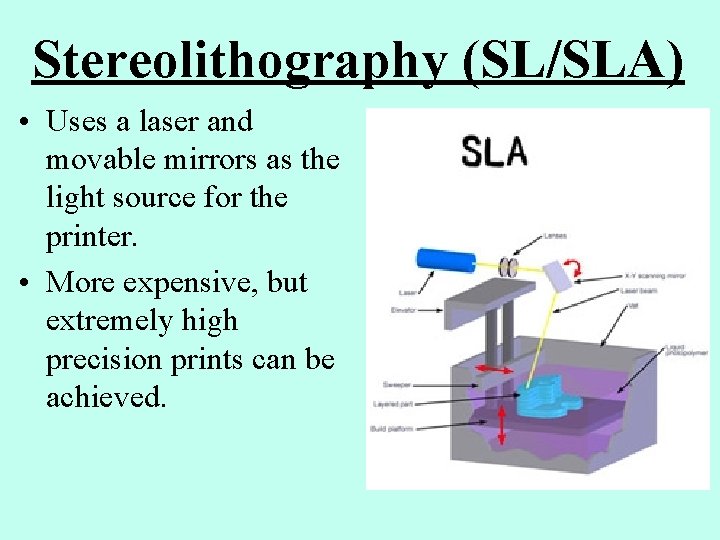 Stereolithography (SL/SLA) • Uses a laser and movable mirrors as the light source for