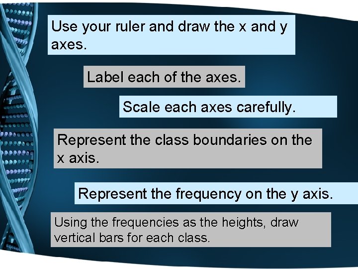 Use your ruler and draw the x and y axes. Label each of the