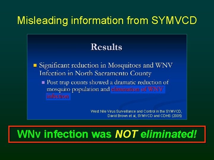 Misleading information from SYMVCD West Nile Virus Surveillance and Control in the SYMVCD, David