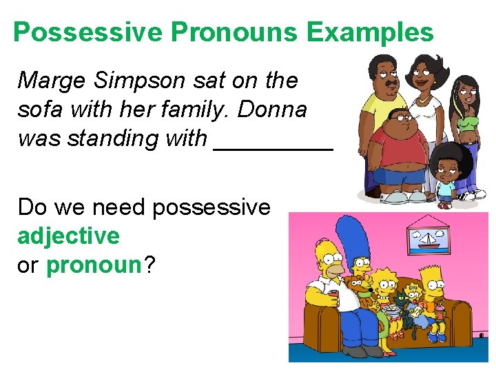 Possessive Pronouns Examples Marge Simpson sat on the sofa with her family. Donna was