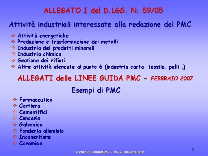 ALLEGATO I del D. LGS. N. 59/05 Attività industriali interessate alla redazione del PMC