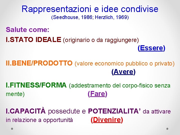 Rappresentazioni e idee condivise (Seedhouse, 1986; Herzlich, 1969) Salute come: I. STATO IDEALE (originario