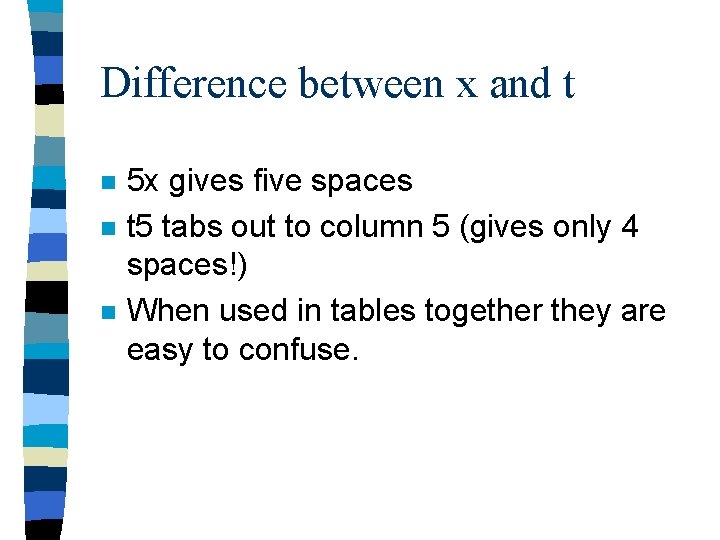 Difference between x and t n n n 5 x gives five spaces t