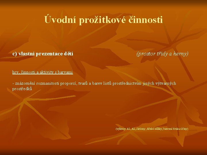 Úvodní prožitkové činnosti c) vlastní prezentace dětí (prostor třídy a herny) hry, činnosti a