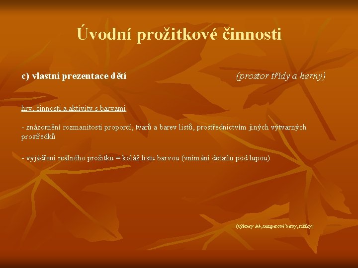 Úvodní prožitkové činnosti c) vlastní prezentace dětí (prostor třídy a herny) hry, činnosti a