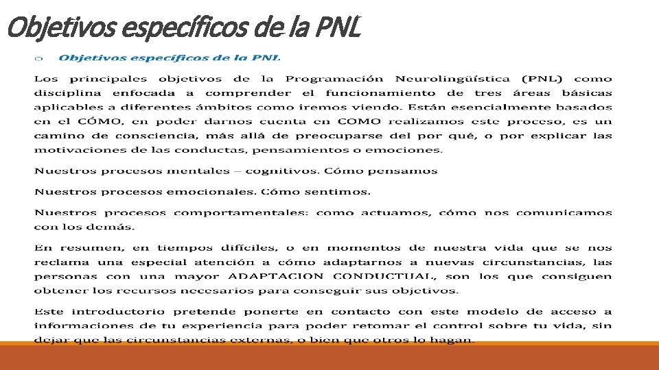 Objetivos específicos de la PNL 