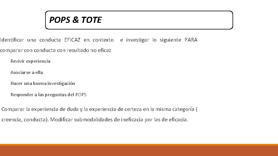 POPS & TOTE Identificar una conducta EFICAZ en contexto e investigar lo siguiente PARA