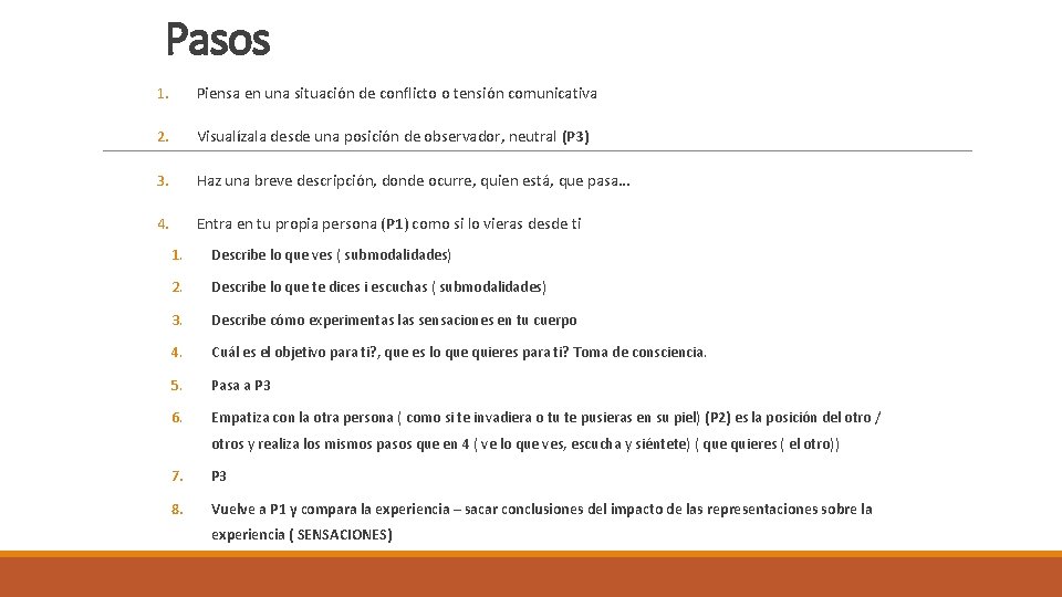 Pasos 1. Piensa en una situación de conflicto o tensión comunicativa 2. Visualízala desde