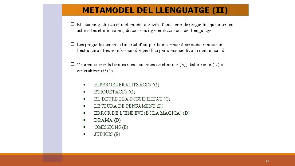 METAMODEL LLENGUATGE (II) q El coaching utilitza el metamodel a través d’una sèrie de