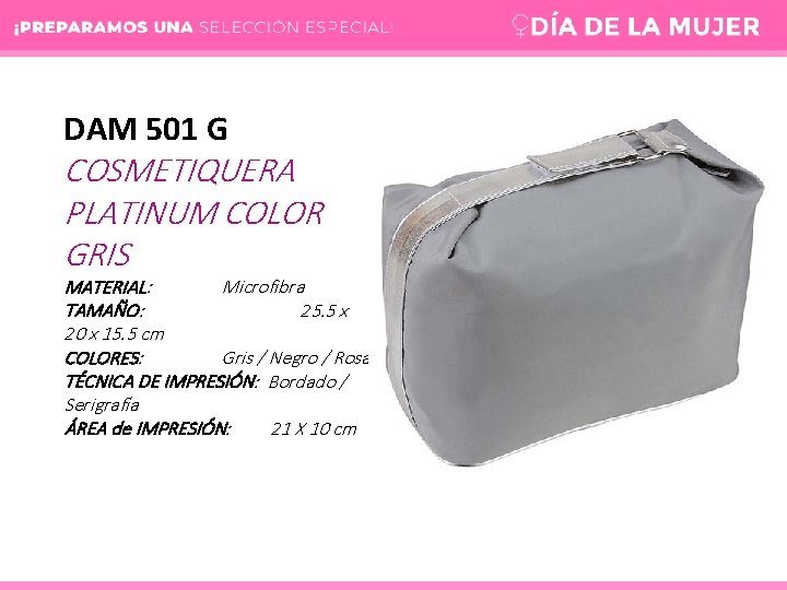 DAM 501 G COSMETIQUERA PLATINUM COLOR GRIS MATERIAL: Microfibra TAMAÑO: 25. 5 x 20