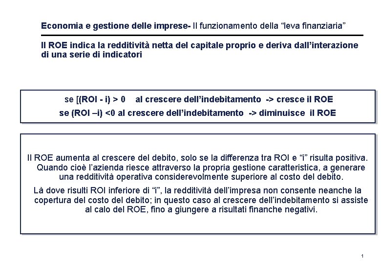 Economia e gestione delle imprese- Il funzionamento della “leva finanziaria” Il ROE indica la