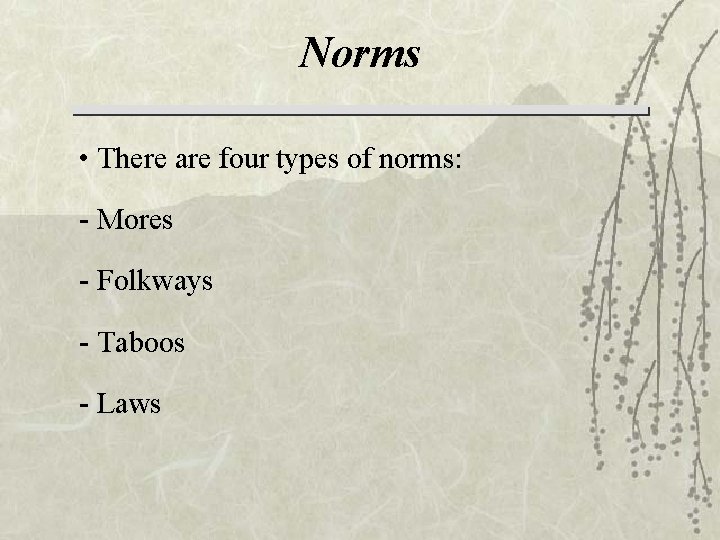 Norms • There are four types of norms: - Mores - Folkways - Taboos