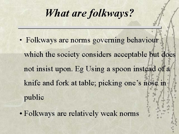 What are folkways? • Folkways are norms governing behaviour which the society considers acceptable