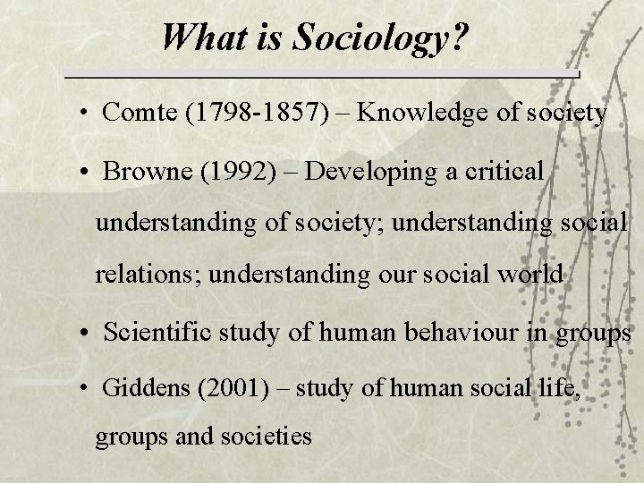 What is Sociology? • Comte (1798 -1857) – Knowledge of society • Browne (1992)