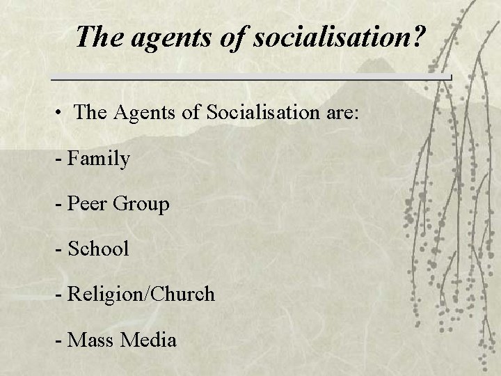 The agents of socialisation? • The Agents of Socialisation are: - Family - Peer