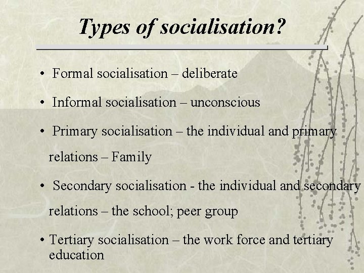 Types of socialisation? • Formal socialisation – deliberate • Informal socialisation – unconscious •