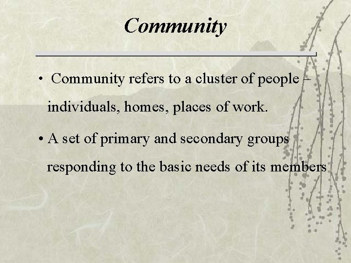 Community • Community refers to a cluster of people – individuals, homes, places of