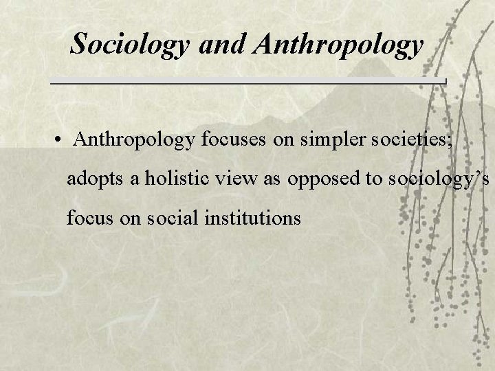 Sociology and Anthropology • Anthropology focuses on simpler societies; adopts a holistic view as