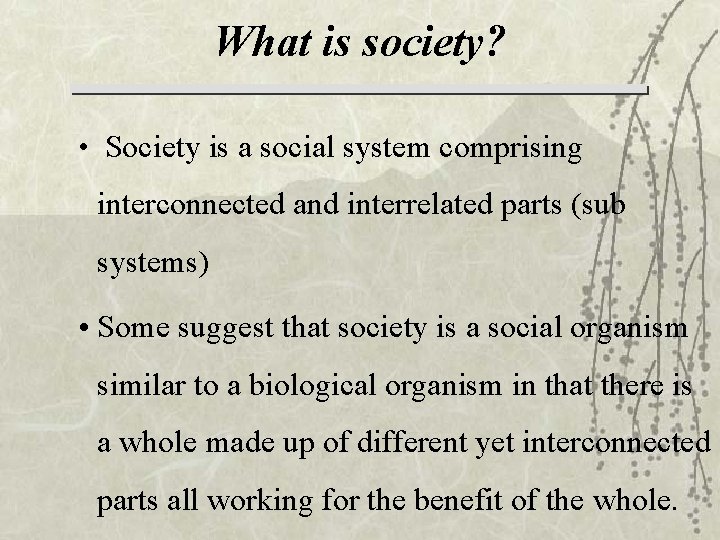 What is society? • Society is a social system comprising interconnected and interrelated parts