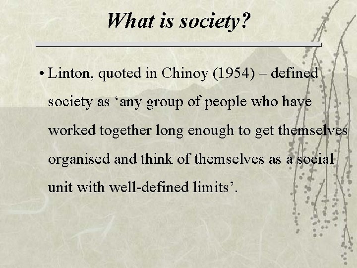 What is society? • Linton, quoted in Chinoy (1954) – defined society as ‘any