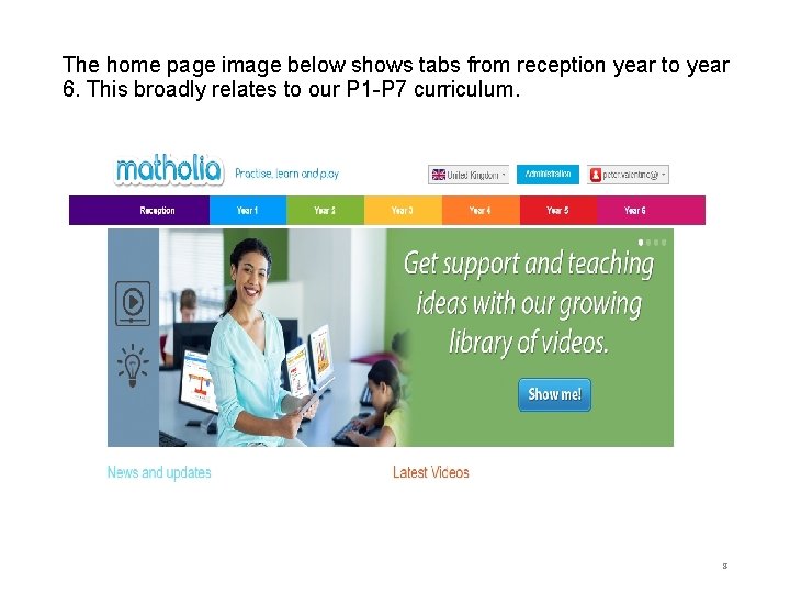 The home page image below shows tabs from reception year to year 6. This