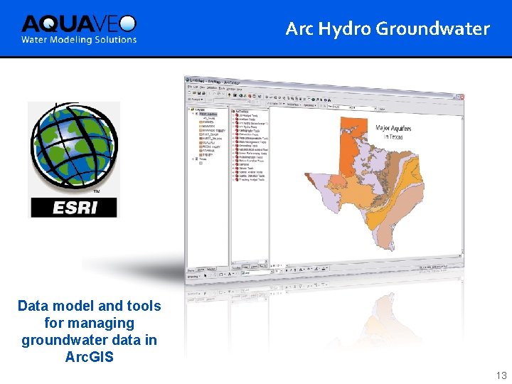 Arc Hydro Groundwater Data model and tools for managing groundwater data in Arc. GIS