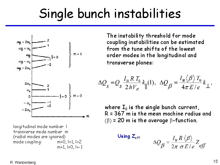 Single bunch instabilities The instability threshold for mode coupling instabilities can be estimated from Single bunch instabilities The instability threshold for mode coupling instabilities can be estimated from