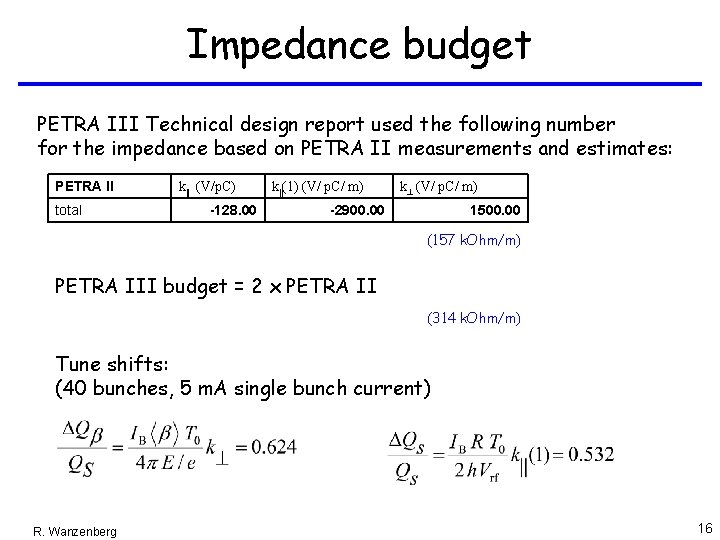 Impedance budget PETRA III Technical design report used the following number for the impedance Impedance budget PETRA III Technical design report used the following number for the impedance