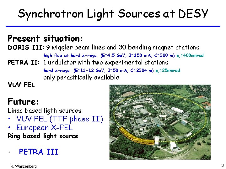 Synchrotron Light Sources at DESY Present situation: DORIS III: 9 wiggler beam lines and Synchrotron Light Sources at DESY Present situation: DORIS III: 9 wiggler beam lines and