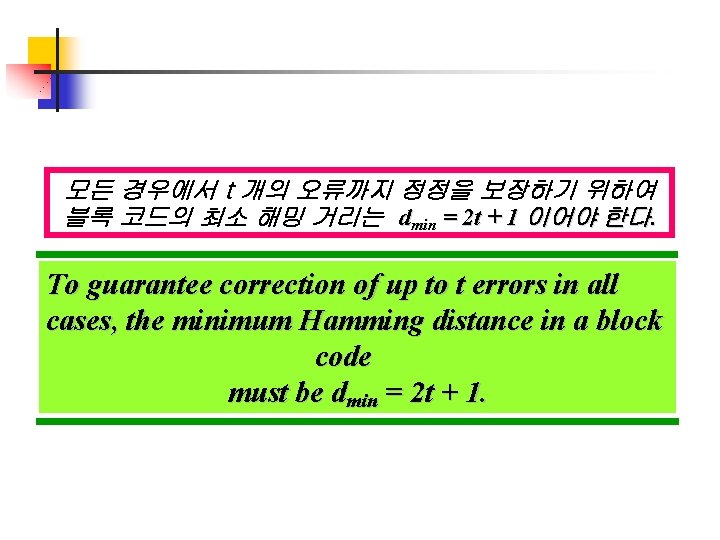 모든 경우에서 t 개의 오류까지 정정을 보장하기 위하여 블록 코드의 최소 해밍 거리는 dmin 모든 경우에서 t 개의 오류까지 정정을 보장하기 위하여 블록 코드의 최소 해밍 거리는 dmin