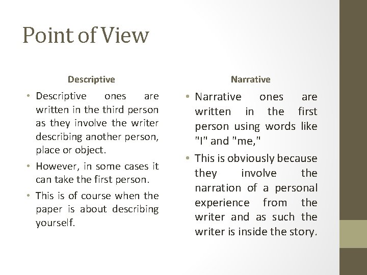 Point of View Descriptive Narrative • Descriptive ones are written in the third person