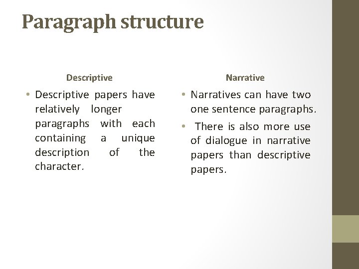 Paragraph structure Descriptive • Descriptive papers have relatively longer paragraphs with each containing a