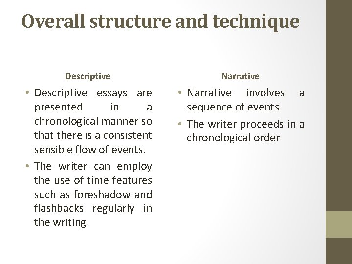 Overall structure and technique Descriptive Narrative • Descriptive essays are presented in a chronological