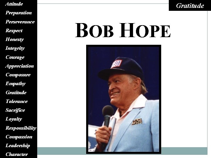 Attitude Gratitude Preparation Perseverance Respect Honesty Integrity Courage Appreciation Composure Empathy Gratitude Tolerance Sacrifice