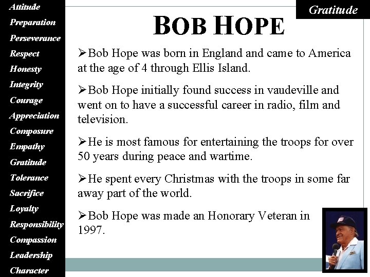 Attitude Preparation Perseverance Respect Honesty Integrity Courage Appreciation Composure Empathy Gratitude Tolerance Sacrifice Loyalty