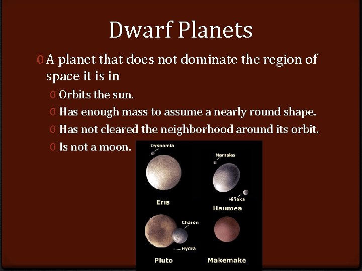 Dwarf Planets 0 A planet that does not dominate the region of space it