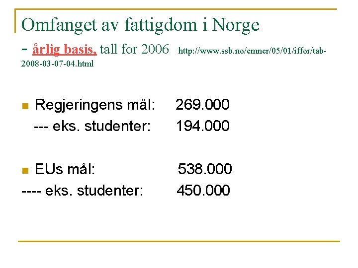 Omfanget av fattigdom i Norge - årlig basis, tall for 2006 http: //www. ssb.