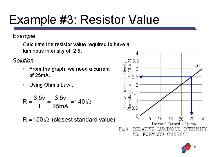 Example #3: Resistor Value Example Calculate the resistor value required to have a luminous