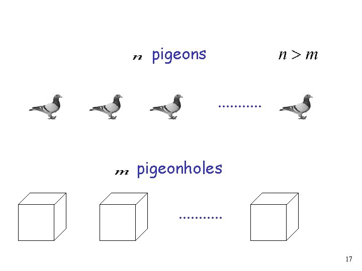 pigeons. . . pigeonholes. . . 17 pigeons. . . pigeonholes. . . 17